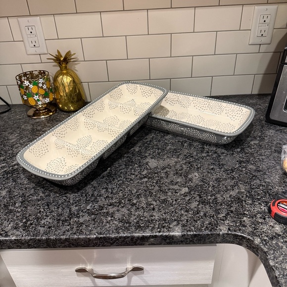 None Other - Elegant Cream and Gray Floral Tray Set of TWO